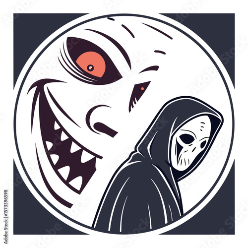 Cartoon depiction of a grinning face with red eye and a hooded figure in a circular frame design