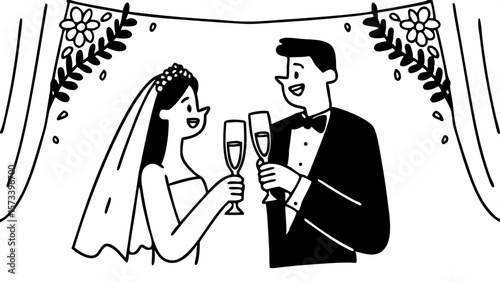 Bride and groom toasting with champagne during wedding celebration  