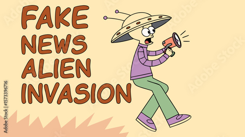 Cartoon character holding megaphone about fake news alien invasion  