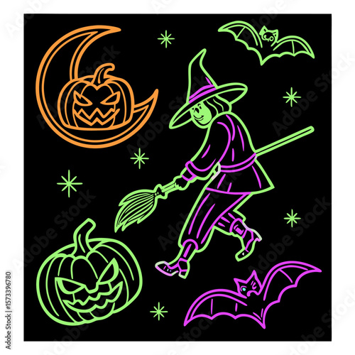 Illustration of a witch with a broom, bats, pumpkins and stars on a black background, halloween theme