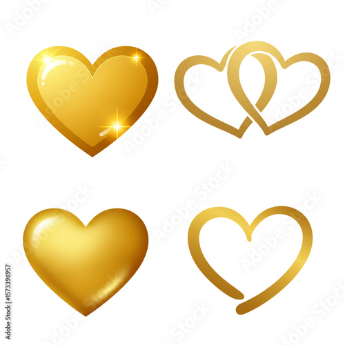Golden hearts are arranged on a white background; great for Valentine's Day cards and celebrations, weddings, or love themed graphic projects.