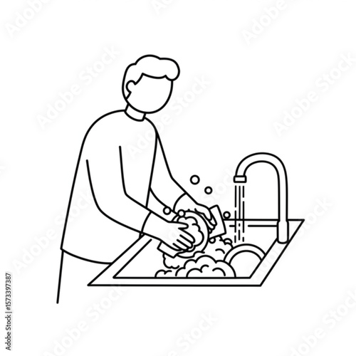 Line art depicts a person washing dishes in a sink, suitable for cleaning concepts, home chores, and general housekeeping themes.