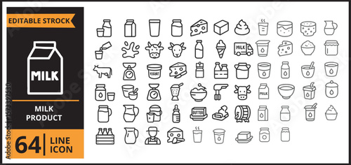 Milk and Dairy Icons Collection - 64 Linear Outline Vector Icons for Food, Beverage and Dairy Products Design