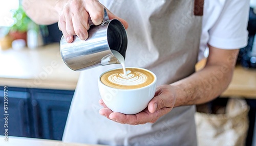 Barista pouring steamed milk over latte art