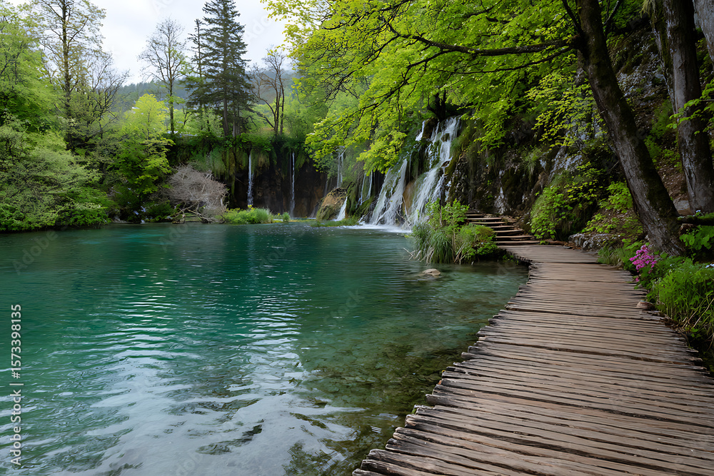 Naklejka premium Serene Plitvice Lakes National Park scene featuring a turquoise lake cascading waterfalls lush green trees and a rustic wooden boardwalk