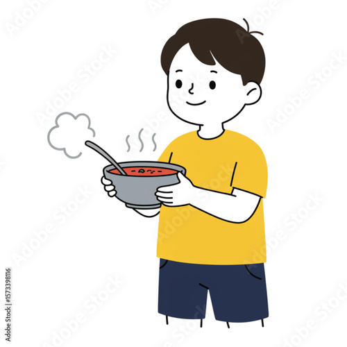 A heartwarming graphic depicts a young boy holding a steaming bowl of soup, perfect for children's books or nutrition guides.