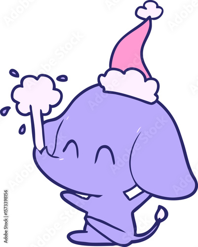 cute hand drawn line drawing of a elephant spouting water wearing santa hat in bright neon color