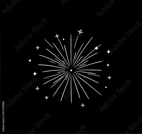 Sparkling Fireworks Burst: A simple line art illustration depicts a celebratory fireworks explosion against a black background, showcasing its radiant rays and twinkling stars.