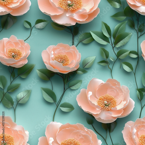 Wallpaper Mural Delicate peonies bloom gracefully against a soft turquoise backdrop, adorned with leaves, in a seamless pattern. Torontodigital.ca