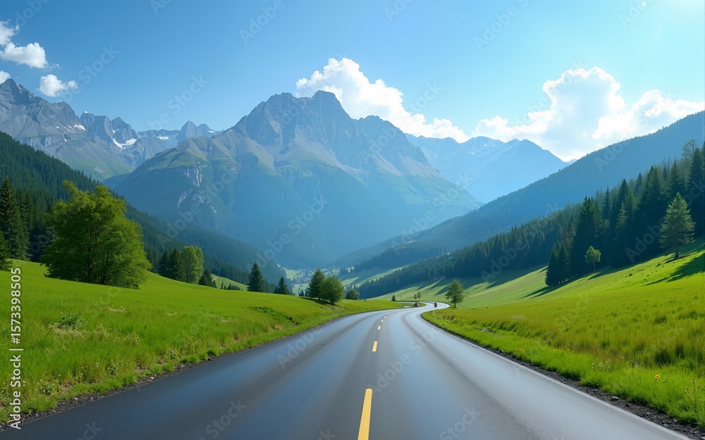 Fototapeta premium Asphalt highway and green meadows with mountain natural landscape under the blue sky. High quality