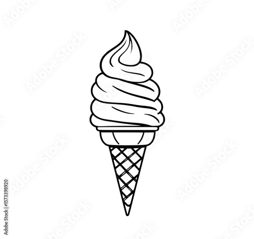 Swirl Ice Cream Cone: A delightful line art illustration of a soft-serve ice cream cone, showcasing its creamy swirls and waffle cone texture in a simple, black and white style.