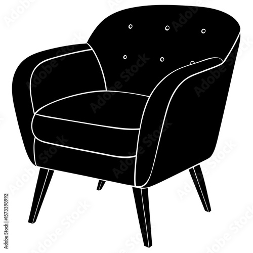 Mid Century Modern Armchair Silhouette Elegant Button Tufted Design Simple Black Line Art Illustration