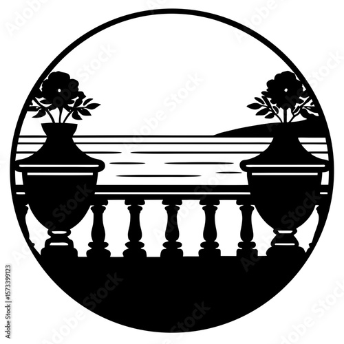 Elegant Black and White Balcony Ocean View Floral Urns Peaceful Coastal Design
