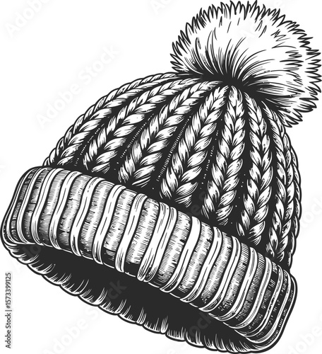 Hand Drawn Woolen Beanie with Pom Pom – Winter Hat Sketch Illustration