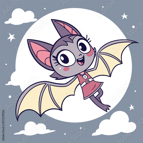 A cheerful cartoon bat with big eyes and a pink dress flies joyfully through the night sky against a backdrop of a large full moon fluffy clouds and twinkling stars