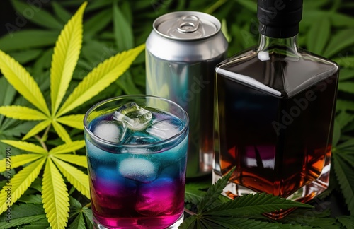 THC-enhanced colorful drinks on surface with ice, can, and cannabis leaves arranged around, highlighting refreshment and herbal lifestyle