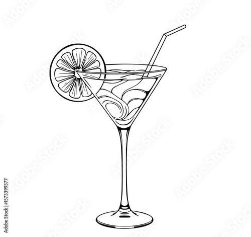 Martini Cocktail: A stylish line art illustration of a refreshing martini cocktail, garnished with a lemon slice and straw, perfect for menu design or bar decor.