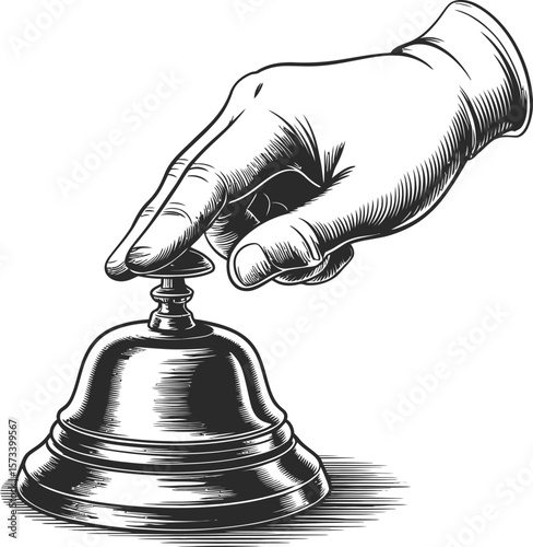 Vintage Hand Pressing Service Bell Illustration – Retro Hotel Concierge Call Bell Drawing