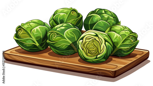   close up Small organic Brussels sprouts, tightly closed and leafy, roll beside a wooden board, each one capturing the complexity of miniature cabbage textures in stunning natural light. White 