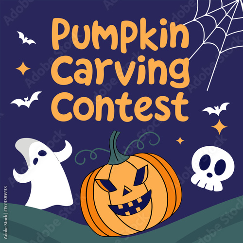 Illustration of a pumpkin carving contest with a carved pumpkin, ghost, skull, bats and spider web design