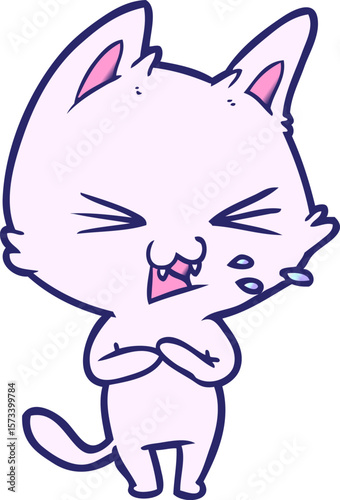 cartoon cat hissing in bright neon color