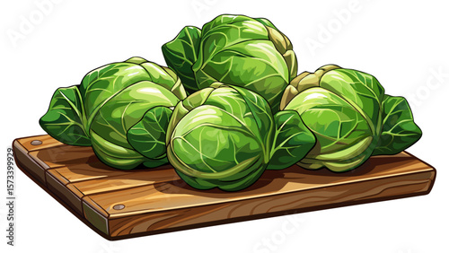   close up Small organic Brussels sprouts, tightly closed and leafy, roll beside a wooden board, each one capturing the complexity of miniature cabbage textures in stunning natural light. White 