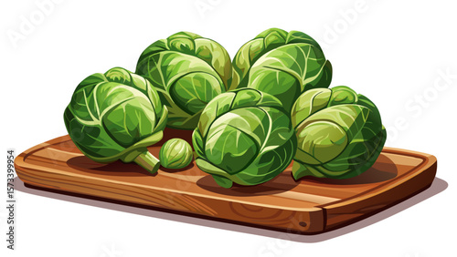   close up Small organic Brussels sprouts, tightly closed and leafy, roll beside a wooden board, each one capturing the complexity of miniature cabbage textures in stunning natural light. White 