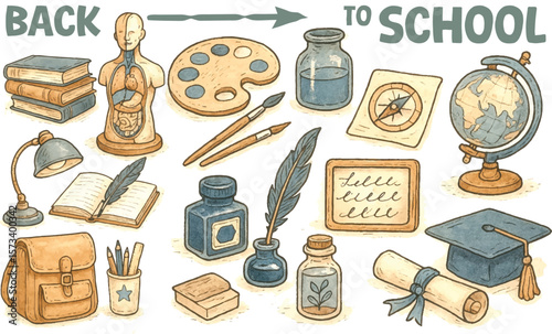 Hand-drawn vintage school elements including books, globe, diploma, backpack, and art tools with “BACK TO SCHOOL” typography. Perfect for education, academic, or nostalgic-themed designs