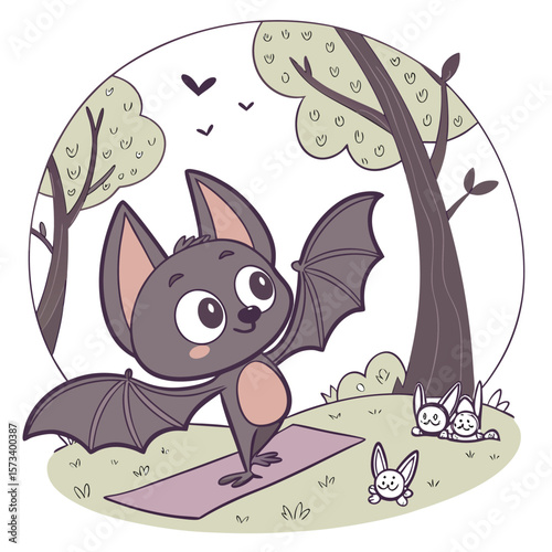 A cute cartoon bat with large eyes and outstretched wings practices yoga on a mat in a peaceful forest clearing with small bunnies watching