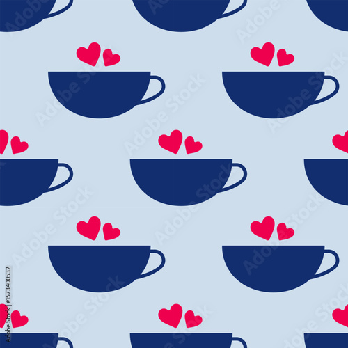 Seamless tea party pattern. Blue cups with red hearts on a blue background. Vector illustration in bright colors in a flat style