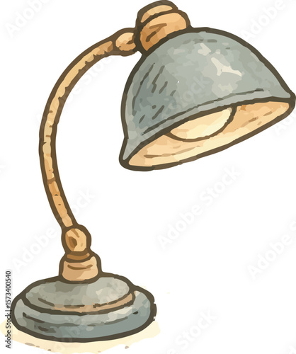 Classic desk lamp with curved yellow arm, grey shade, and round base in vintage style. Ideal for home office, retro interior, or cozy workspace-themed creative visuals