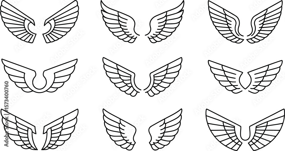 Obraz premium Nine vector line art winged emblem designs; classic style.