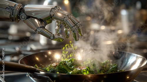 A robotic arm cooking vegetables in a wok with steam rising in a commercial kitchen setting scene