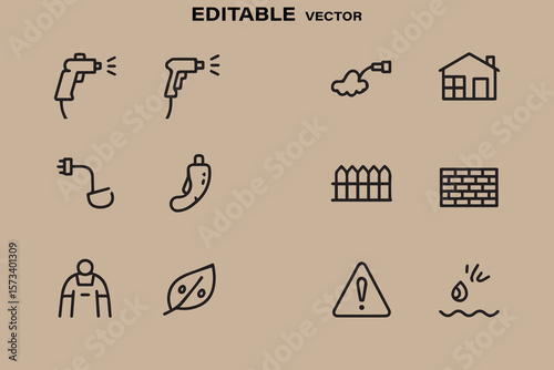 Collection of simple line art icons representing gardening home maintenance and safety precautions