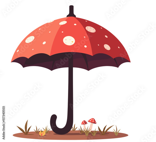 Red umbrella with white spots and mushrooms underneath on a white background with copy space
