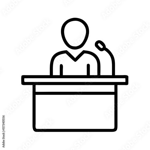 Outline of person speaking at a podium with microphone  