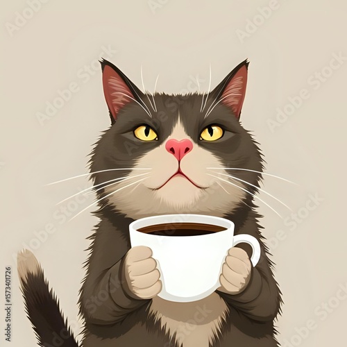black cat with a cup of coffee