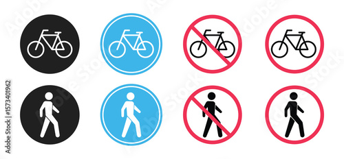 Non.motor traffic prohibition signs . No bicycles, No pedestrians. Traffic signs, vector icons, sym