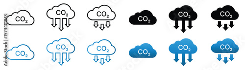 CO2 Emissions Reduction Icons. Eco Cloud and Carbon Neutral Symbols Vector Set