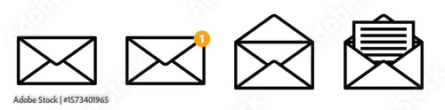 Message envelope icon set. E-mail and mail symbols collection. Digital communication vector icons.