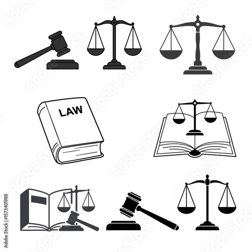 Law and justice elements in a clean and modern style perfect for legal graphics, judge icons, and lawyer designs.