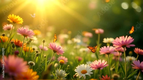 Sunlit meadow with colorful flowers and butterflies