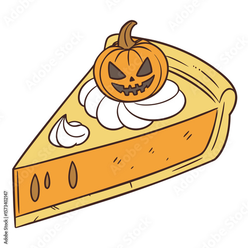 A slice of pumpkin pie with whipped cream and a jack o lantern on top for a halloween treat dessert