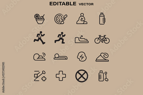 Collection of editable vector line icons representing healthy lifestyle activities and medical symbols on a neutral background