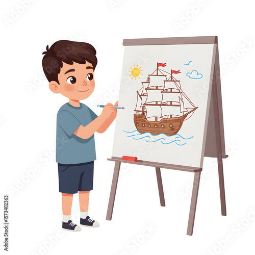 Young boy drawing a sailing ship on an easel in a bright room, white background, isolated   
