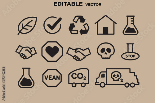 Collection of environmental and ecological icons including a leaf recycling symbol house and pollution symbols