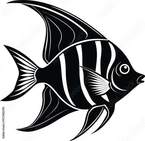 Elegant black and white angelfish silhouette with flowing fins and stripes