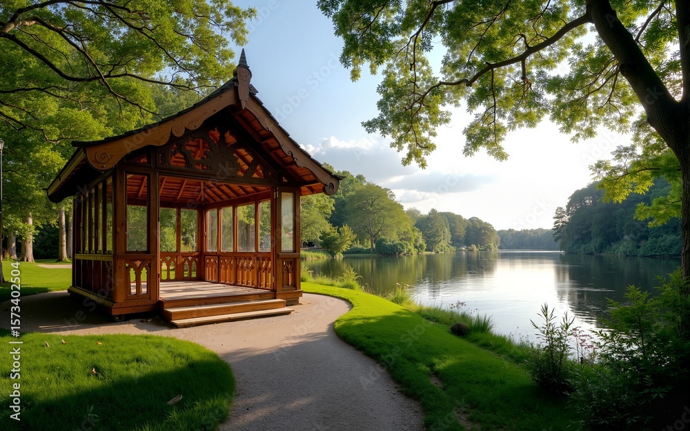 view of a bright wooden gazebo, Valterkalnins, Gauja river near Valmiera. High quality view of a bright wooden gazebo, Valterkalnins, Gauja river near Valmiera. High quality