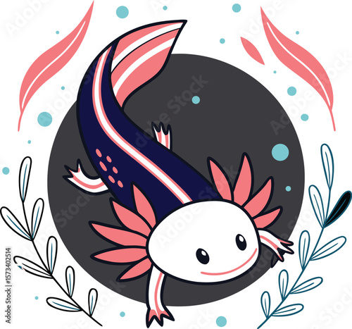 Cute axolotl swimming in dark water with coral and teal accents silhouette