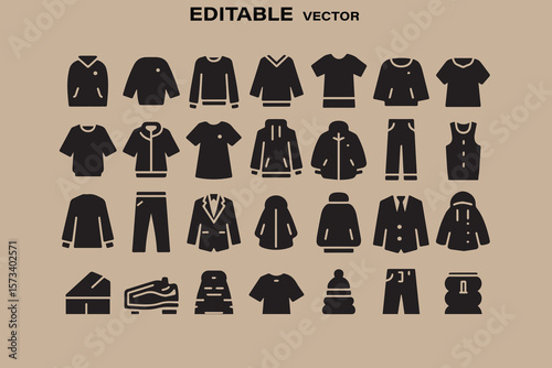Collection of black silhouette icons representing various clothing items and accessories on a neutral background